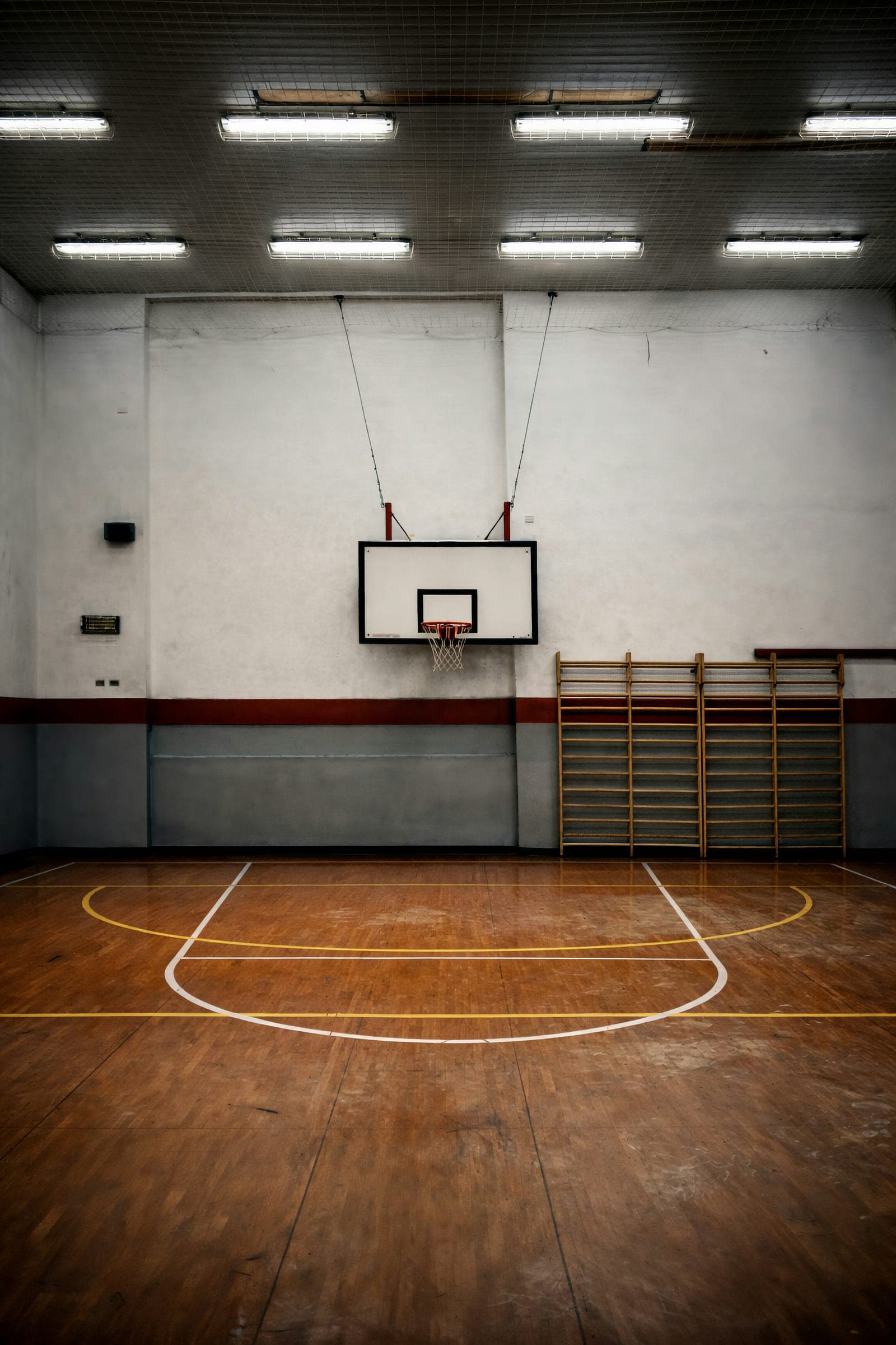 An empty indoor court with a hoop and a hardwood floor